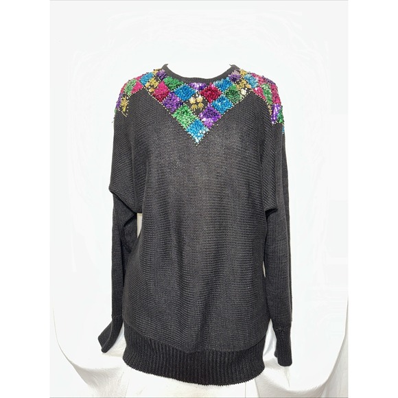 Vintage Sweaters - Vintage 80's Bonnie Evans Black Knit Sweater with Rainbow Sequins Sz: Large